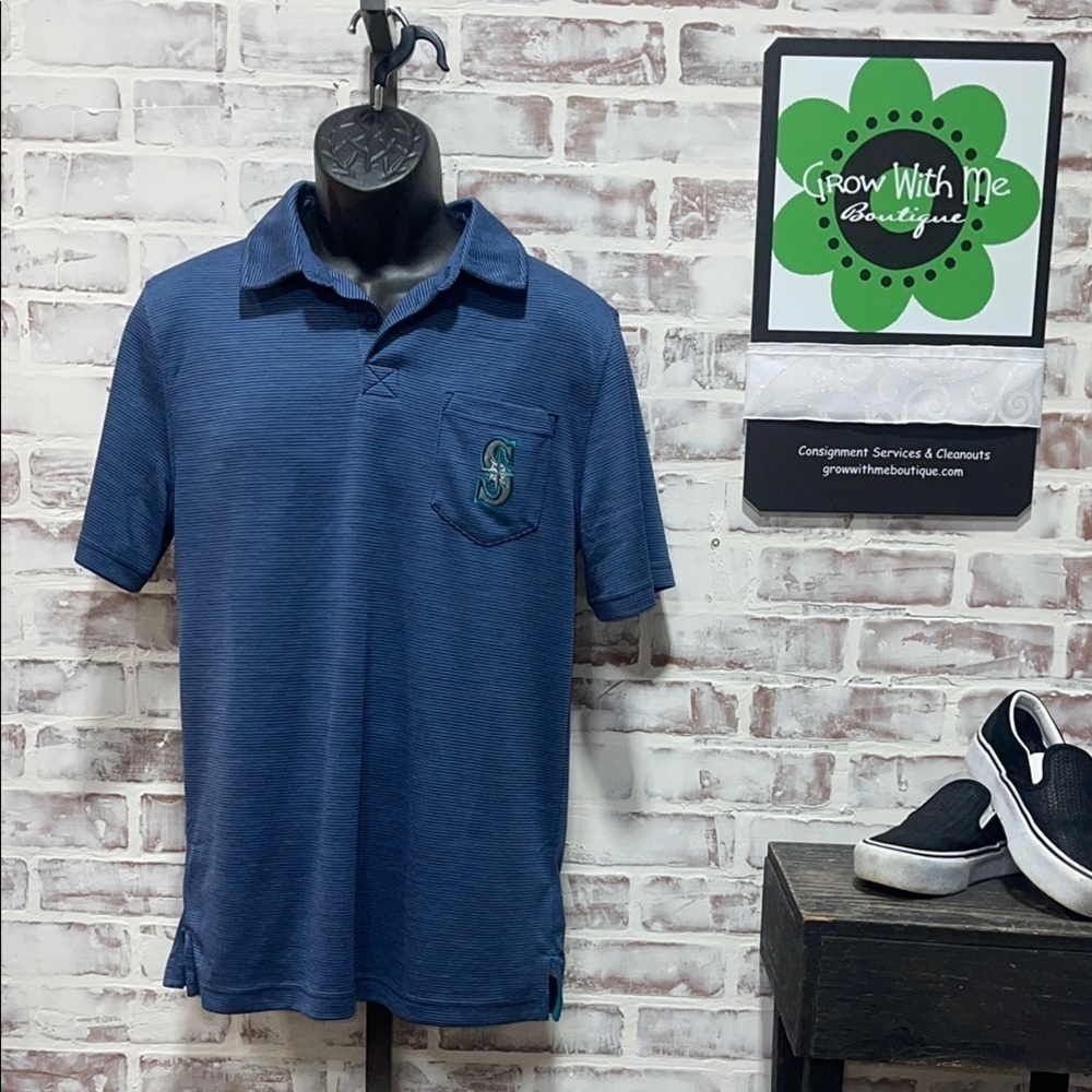Majestic Blue Polo Shirt with Embroidered mariners Detail medium